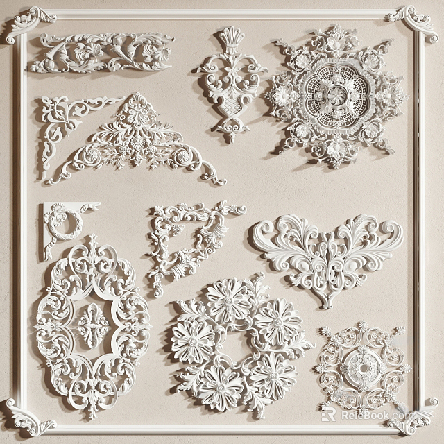Intricate White Decorative Carvings with Various Floral and Scroll Patterns 3d model 