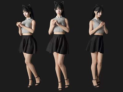 Stylish Young Woman Wearing Grey Sleeveless Top Black Skirt And Cat Ear Headband 3d model