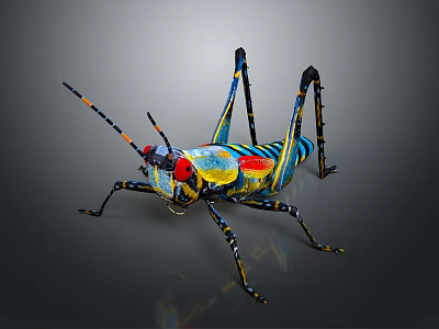 Colorful Artistic Grasshopper With Vibrant Blue Yellow Red Patterns Creative Decorative Insect Sculpture Design 3d model