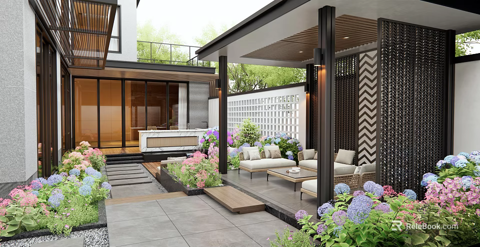 Modern Garden Design With Outdoor Sofas Coffee Table Colorful Flowers And Stone Pavement 3d model 