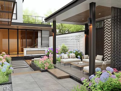 Modern Garden Design With Outdoor Sofas Coffee Table Colorful Flowers And Stone Pavement 3d model