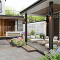 Modern Garden Design With Outdoor Sofas Coffee Table Colorful Flowers And Stone Pavement