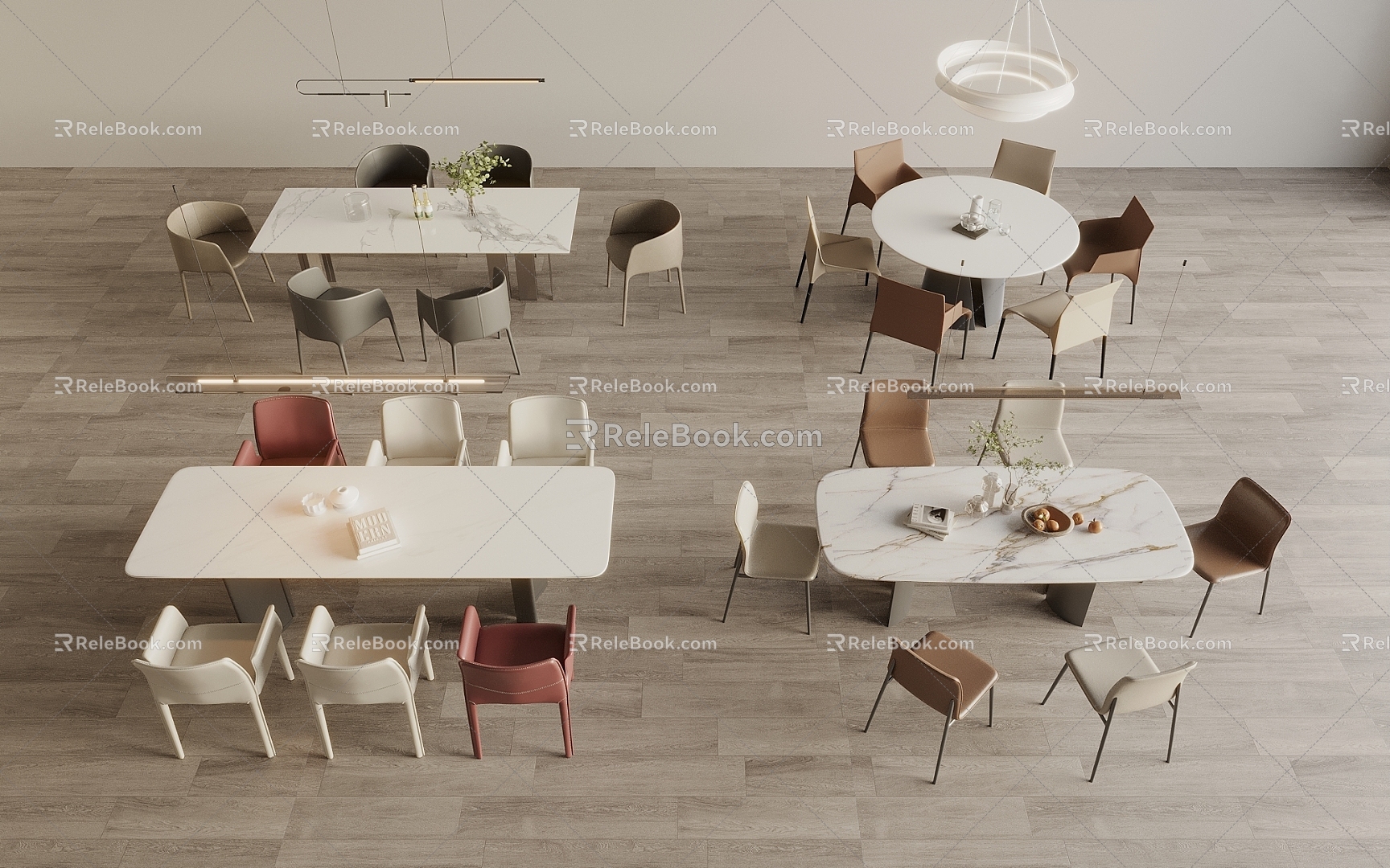 Modern Cream Style Dining Table and Chair Combination Restaurant Chandelier Round Dining Table Long Dining Table 3d model