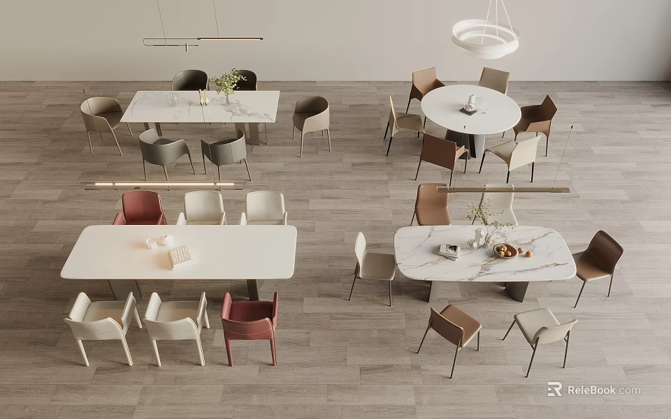 Modern Indoor Dining Table Sets With Round Rectangular Tables And Colorful Chairs 3d model 