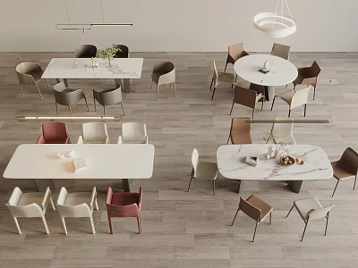 Modern Indoor Dining Table Sets With Round Rectangular Tables And Colorful Chairs 3d model