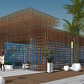 Bamboo Pergola With Grid Structure And Green Plants Outdoor Seating Area