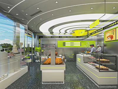 Modern Bright Dessert Shop Interior With Display Cases Fresh Fruits And Staff At Counter 3d model