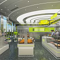Modern Bright Dessert Shop Interior With Display Cases Fresh Fruits And Staff At Counter
