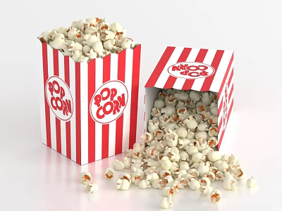 Fresh Popcorn In Red White Striped Boxes With Spilled Kernels 3d model
