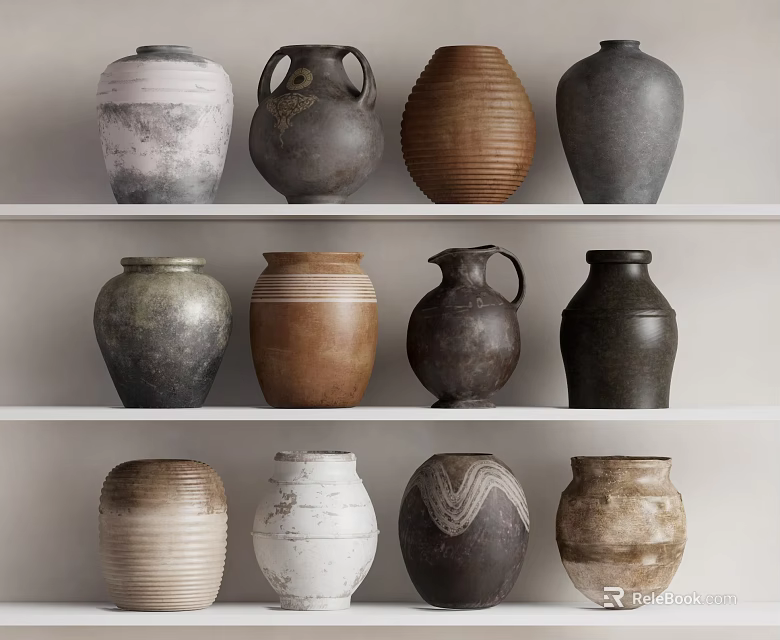 Ceramic Vessels Of Different Shapes Colors And Textures On White Display Shelves 3d model 