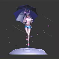 Horned Purple Hair Character Holding Blue Umbrella On White Circular Base With Floating Pink Petals