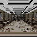 Spacious Luxurious Hotel Public Lounge Area With Chandelier Floral Carpet And Decorative Paintings