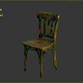 Vintage Wooden Dining Chair With Slatted Back Leather Seat And Curved Legs