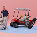 Golf Equipment Scene Featuring Man Child Red Cart PING TITLEIST Bags Scattered Balls