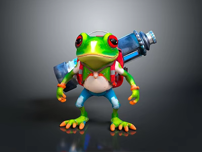 Cartoon Green Frog Character Carrying Blue Bottle Wearing Red Backpack And White Pants 3d model