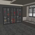 Modern Display Cabinet Shelf with Illuminated Collectible Models and Glass Doors