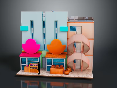 Colorful Food Shop Model Featuring Pink Orange Roofs And Display Baskets 3d model
