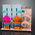 Colorful Food Shop Model Featuring Pink Orange Roofs And Display Baskets