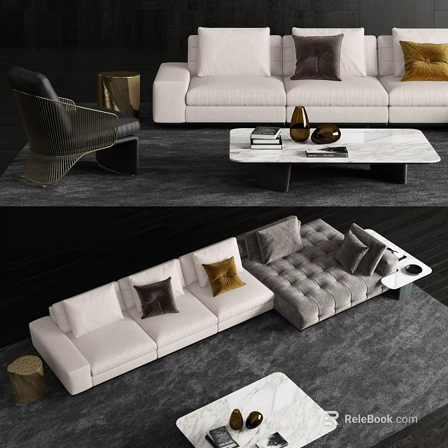 Modern White Sofa and Marble Coffee Table Set With Decorative Throw Pillows 3d model