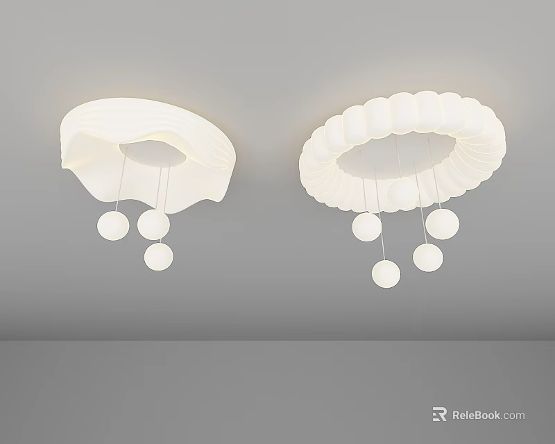 Modern Ceiling Lights with Wavy and Circular Designs and Hanging Sphere Decorations 3d model