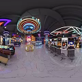 Vibrant Arcade Amusement Area With Neon Lights Gaming Machines Graffiti Signage And Shiny Floor