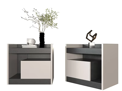 Modern Bedside Tables With Black Vase Green Plant Decorative Sculpture And Storage Drawer 3d model
