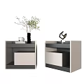 Modern Bedside Tables With Black Vase Green Plant Decorative Sculpture And Storage Drawer