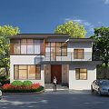 Modern Style Two Story Detached Villa With Large Windows Front Red Flowers And Surrounding Trees
