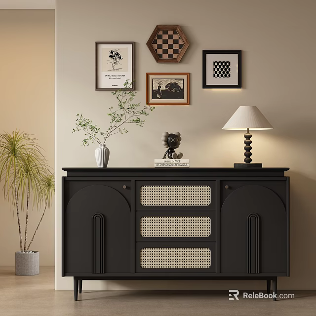Black Entryway Cabinet Sideboard With Woven Design Decorative Items Table Lamp Plant And Wall Frames 3d model 