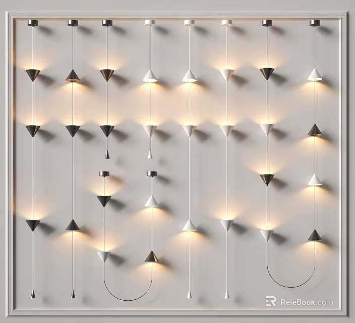 Rows of Illuminated Metallic Cone Shaped Pendant Lights Hanging on White Background Wall 3d model 