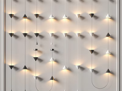 Rows of Illuminated Metallic Cone Shaped Pendant Lights Hanging on White Background Wall 3d model