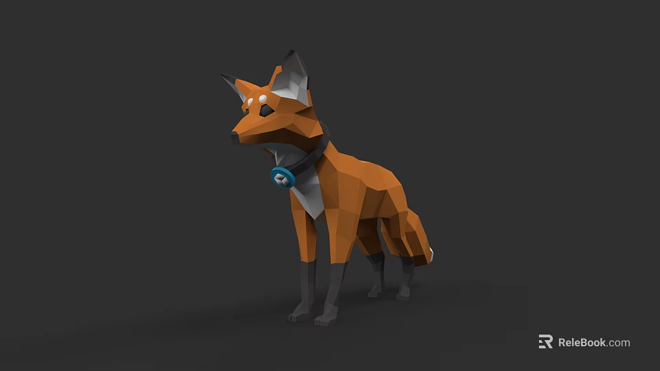 Low Poly Fox Character With Collar And Blue Pendant Standing On Dark Background 3d model 
