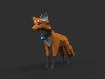 Low Poly Fox Character With Collar And Blue Pendant Standing On Dark Background 3d model