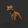 Low Poly Fox Character With Collar And Blue Pendant Standing On Dark Background