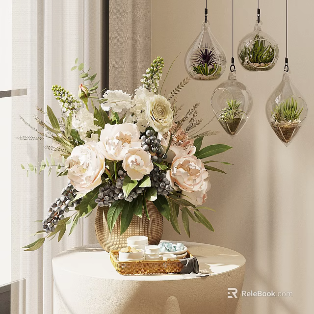 Bonsai Potted Plants With Pink White Flowers Greenery Hanging Transparent Glass Containers And Succulent Plants 3d model 