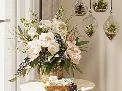 Bonsai Potted Plants With Pink White Flowers Greenery Hanging Transparent Glass Containers And Succulent Plants 3d model