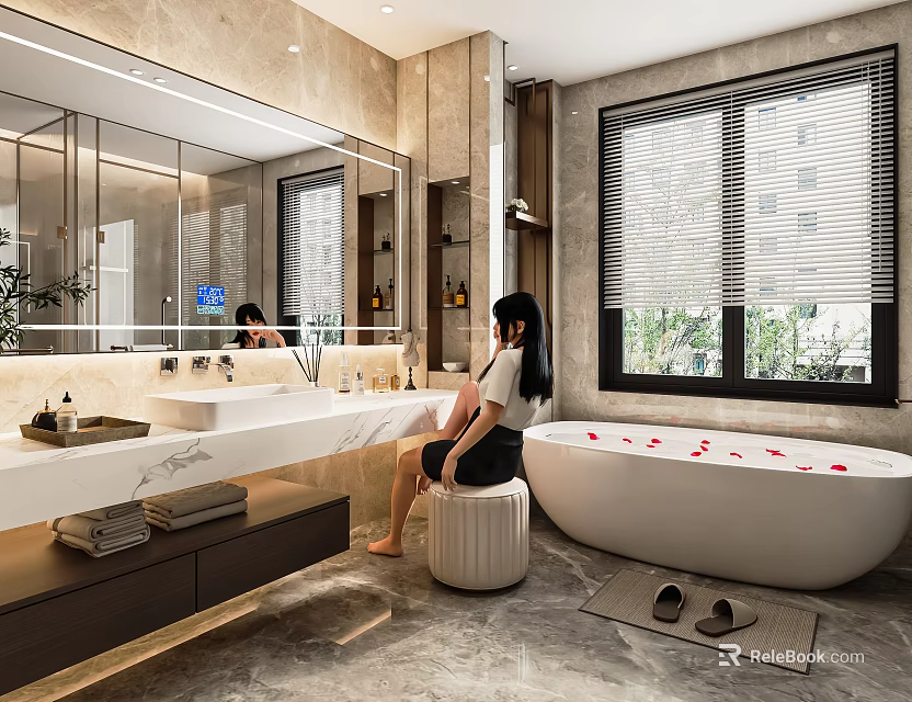 Modern Bathroom Interior with Double Vanity Large Mirror Freestanding Bathtub and Window Blinds 3d model 