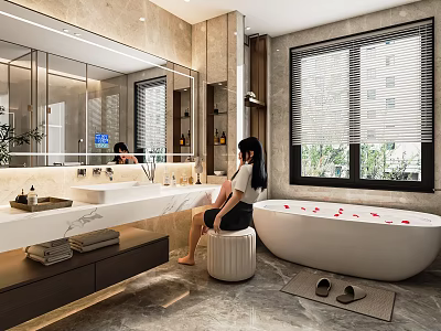 Modern Bathroom Interior with Double Vanity Large Mirror Freestanding Bathtub and Window Blinds 3d model
