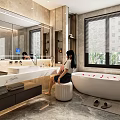 Modern Bathroom Interior with Double Vanity Large Mirror Freestanding Bathtub and Window Blinds