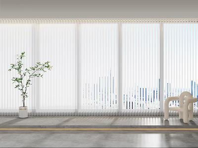 Modern White Window Blinds In Contemporary Interior With Cityscape View Green Plant And White Chair 3d model