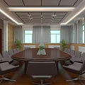 Spacious Conference Room Interior With Round Table Gray Chairs And Landscape Painting