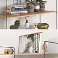 Modern Wooden Wall Cabinet With Metal Frame Three Tier Shelves Decorative Plants Books And Vases