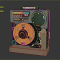 Commercial Reel To Reel Tape Player With Yellow Reel Brown Body Handle And Control Panel