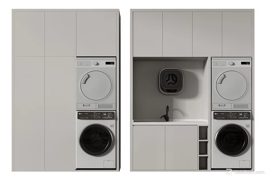 Modern Light Gray Bathroom Cabinet With Built In Washing Machine And Storage 3d model 
