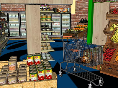 Supermarket Grocery with Shelves Full of Canned Goods Fresh Fruits Shopping Cart and Refrigerators 3d model