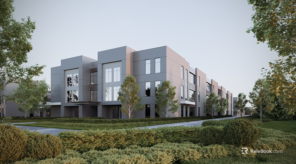 Modern Multi Story Office Building Featuring Gray Exterior Large Glass Windows and Greenery Shrubs Surroundings 3d model 