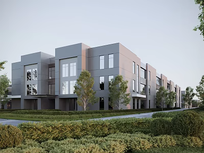 Modern Multi Story Office Building Featuring Gray Exterior Large Glass Windows and Greenery Shrubs Surroundings 3d model