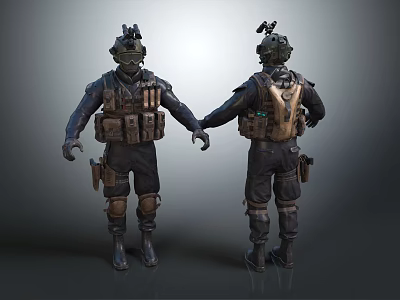 Detailed Tactical Figures With Helmet Vest And Knee Pads Front And Back Views 3d model