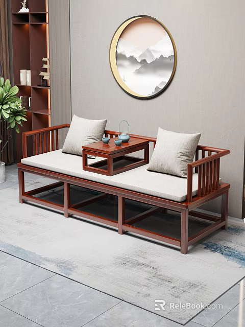 Chinese Wooden Daybed With Cushions Tea Table And Decorative Elements In Living Room 3d model 
