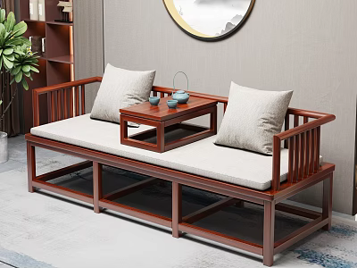 Chinese Wooden Daybed With Cushions Tea Table And Decorative Elements In Living Room 3d model